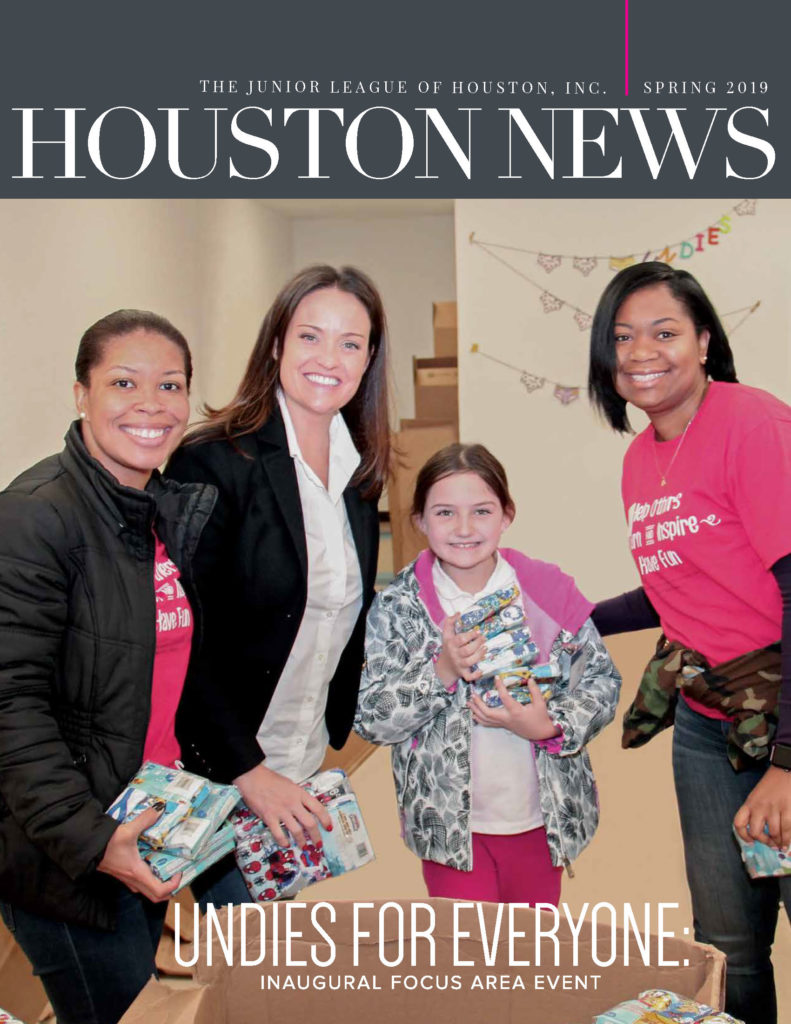 Cover of Spring 2019 Houston News featuring three JLH members and a child volunteering at Undies for Everyone