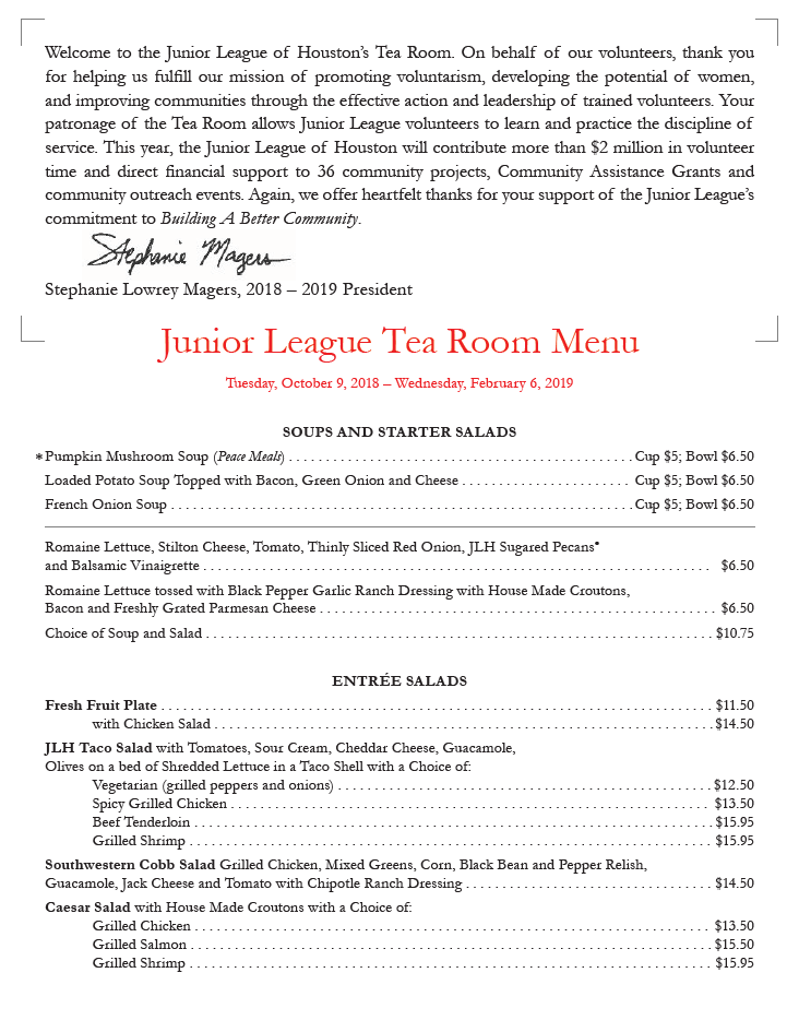 Tea Room Menu The Junior League of Houston, Inc.